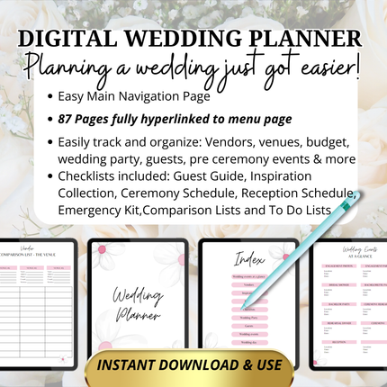 Digital Wedding Planner for Ipad 87 Hyperlinked Pages for easy wedding planning