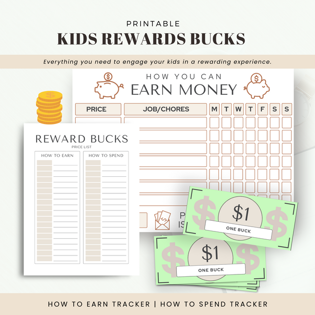 Kids Rewards Bucks system for Teaching Responsibility and Allowance - Instant Download PDF